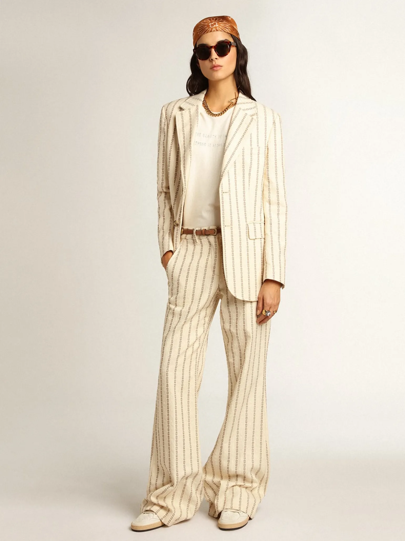 Outlet Blazer de abotoamento simples de algodão creme e estampa jacquard MULHER Blazers