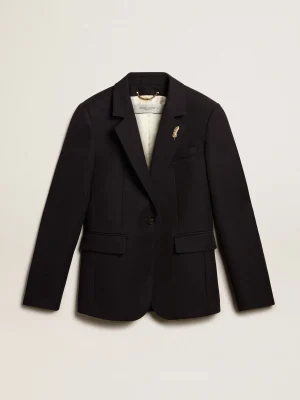 Shop Blazer feminino de abotoamento simples de gabardine de lã azul-escuro MULHER Blazers