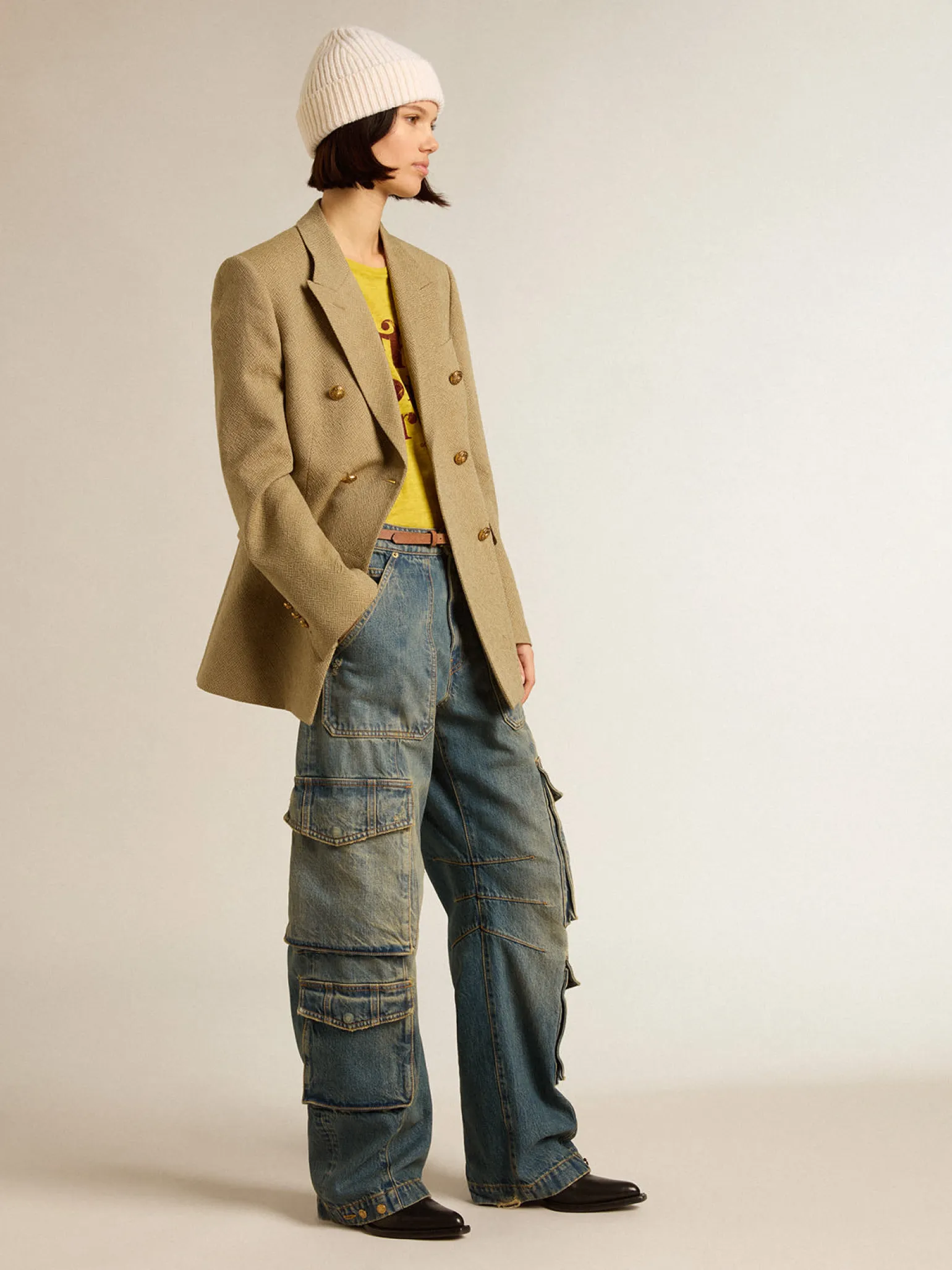 Sale Blazer feminino de abotoamento duplo de lã cor de faia clara MULHER Blazers