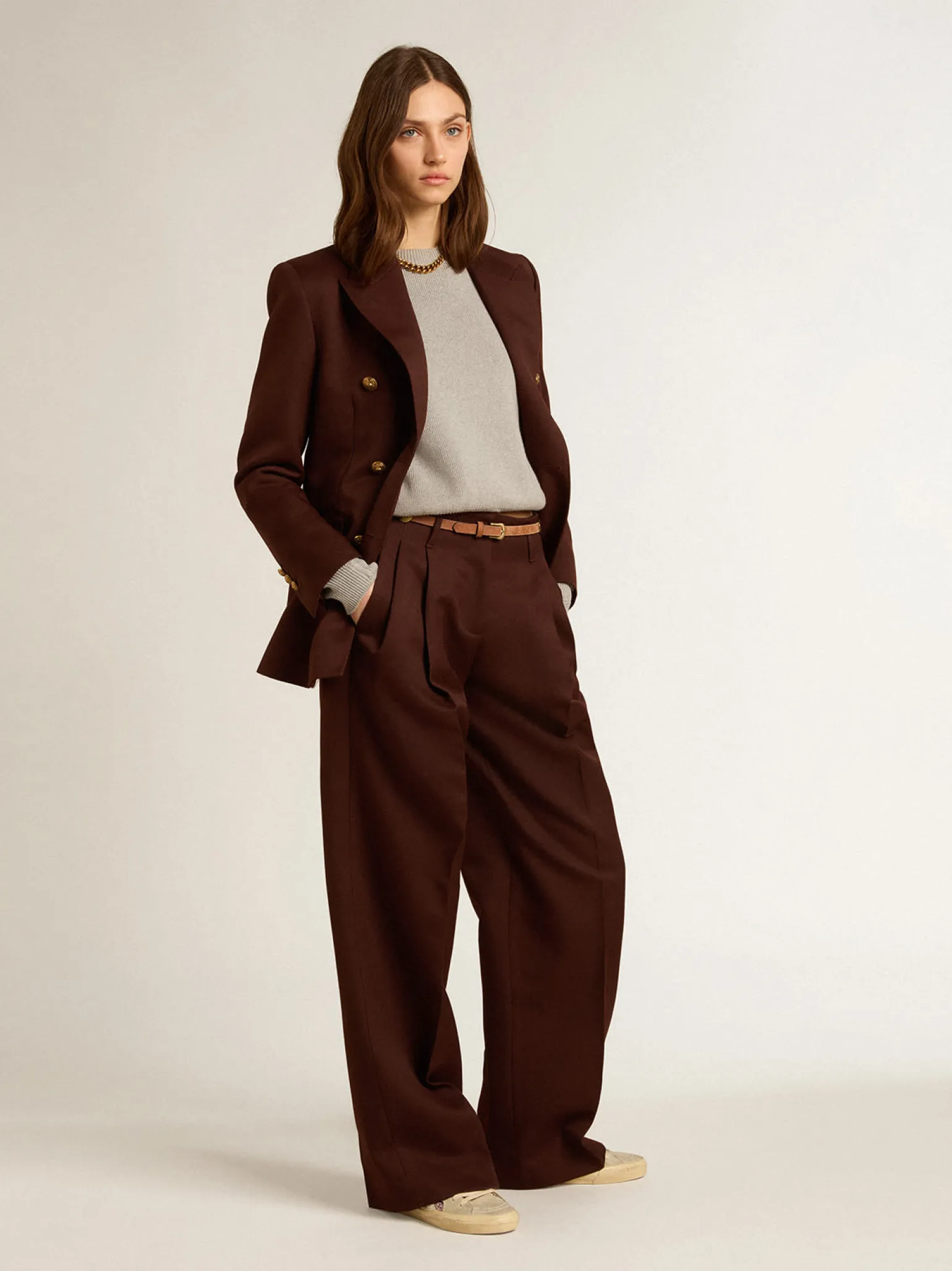 Cheap Blazer feminino de abotoamento duplo de gabardine de lã cor café MULHER Blazers