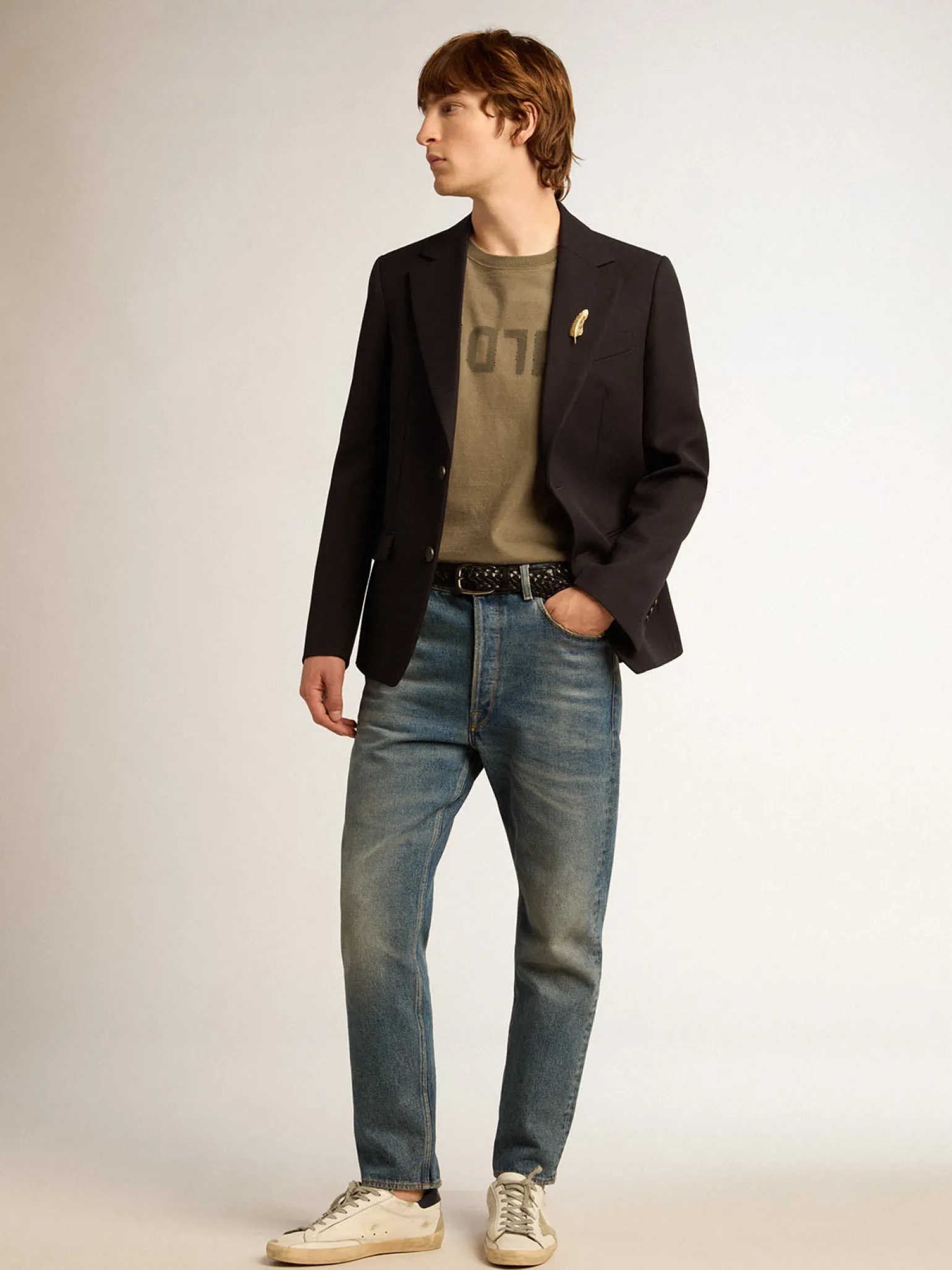 Sale Blazer masculino de abotoamento simples de gabardine de lã azul-escuro Blazers
