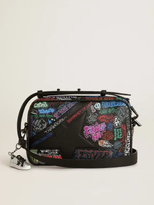 Fashion Bolsa Star feminina de couro martelado preto com estampa multicolorida MULHER Bolsas tiracolo