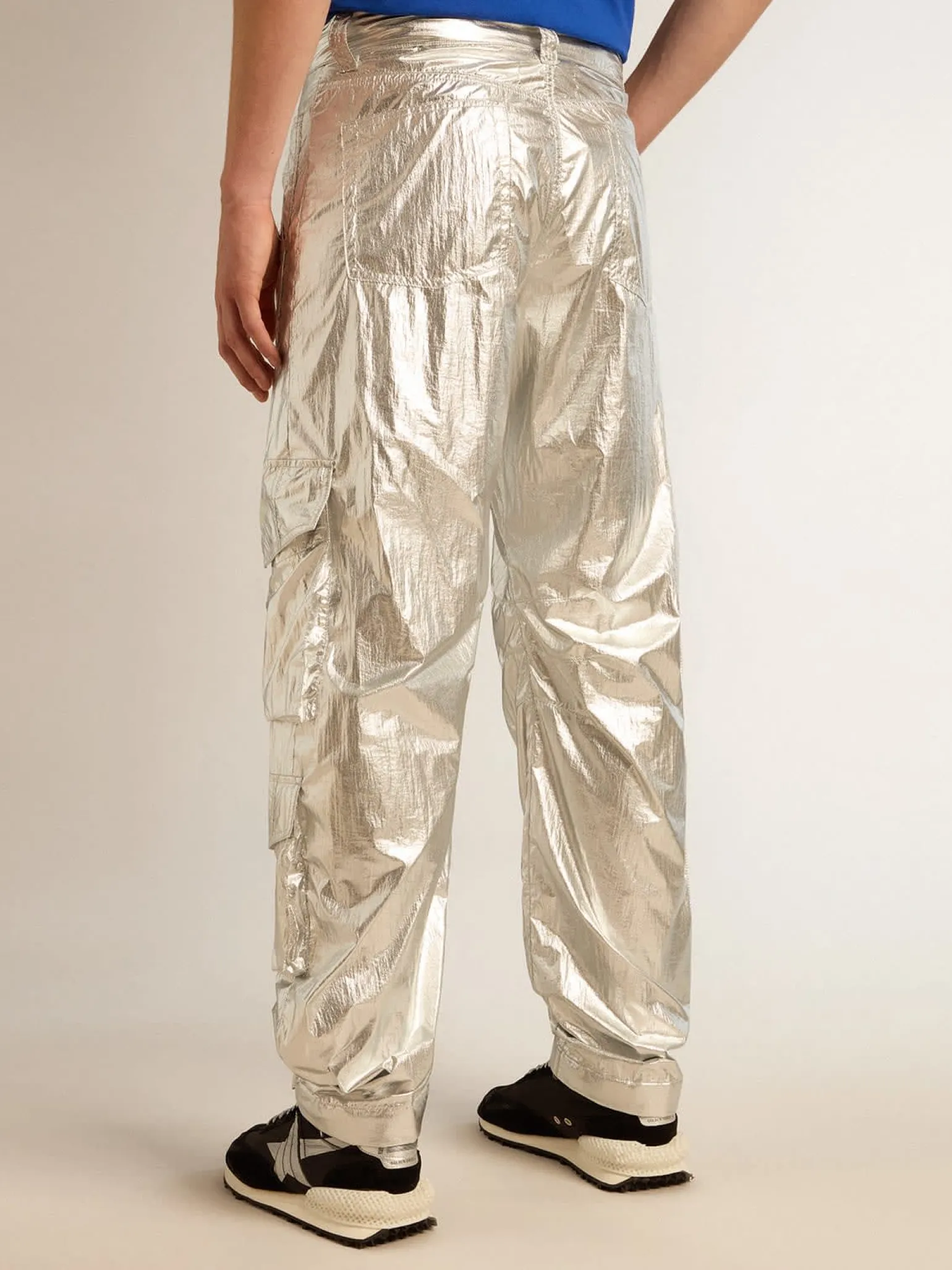 Hot Calça cargo masculina de tecido técnico prateado Jeans e calças