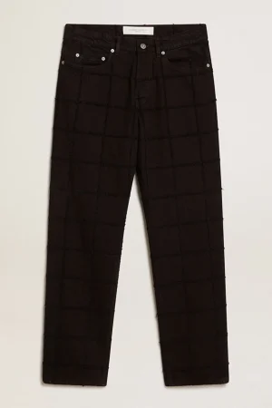 Online Calça de algodão preto com estampa xadrez efeito 3D Jeans e calças
