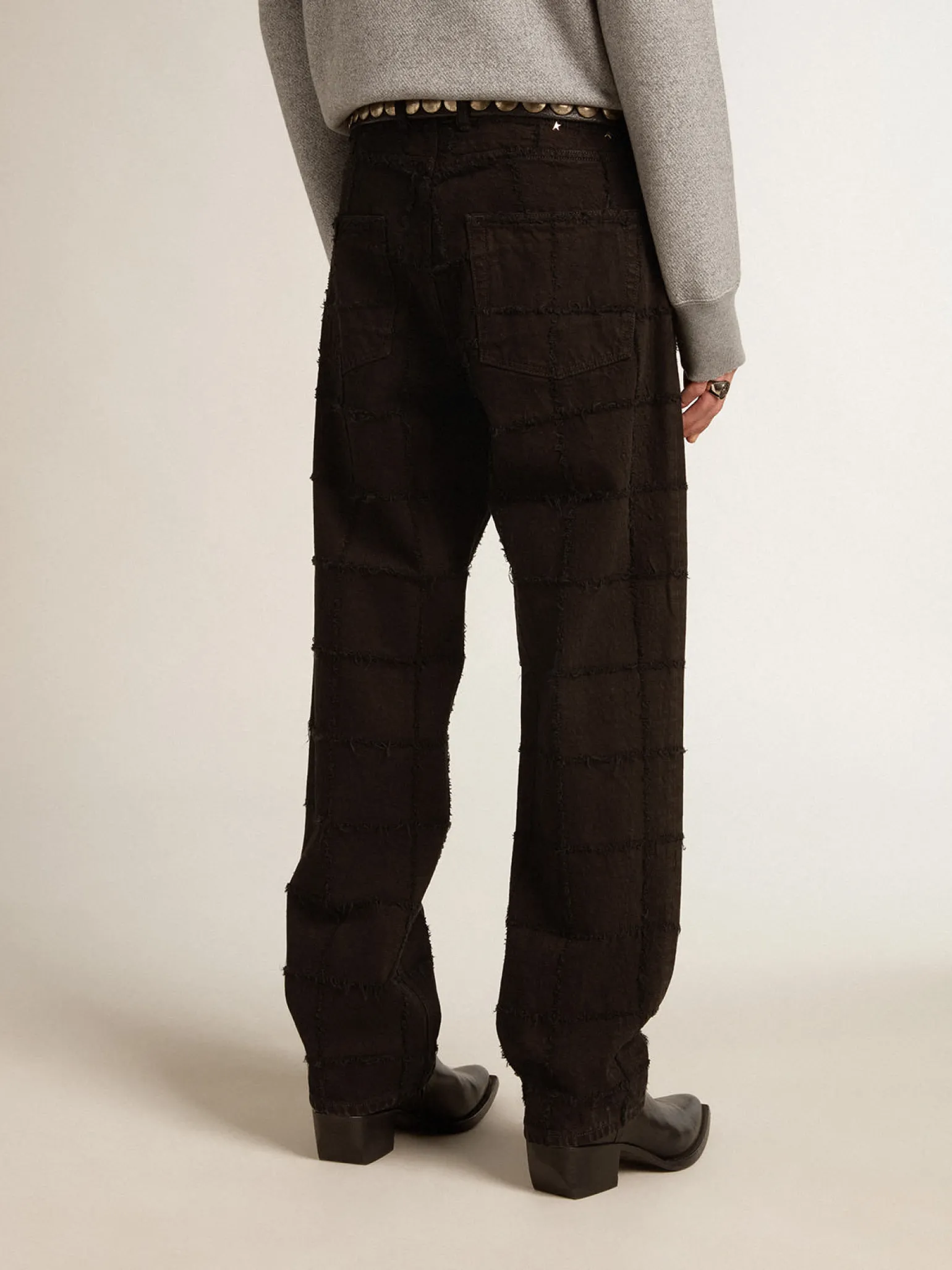 Online Calça de algodão preto com estampa xadrez efeito 3D Jeans e calças
