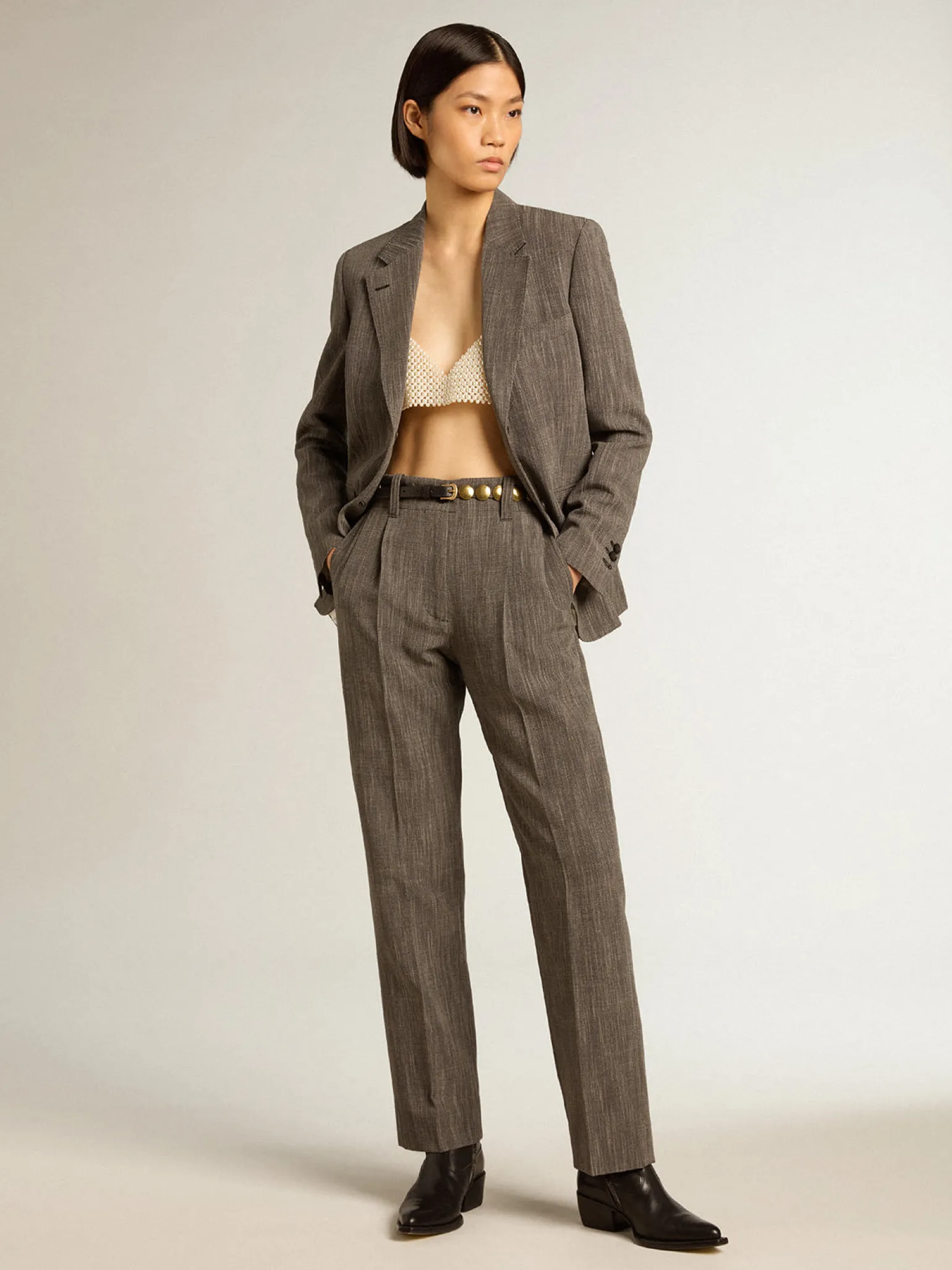 Best Calça de cintura alta feminina em mistura de lã melange cinza MULHER Jeans e calças