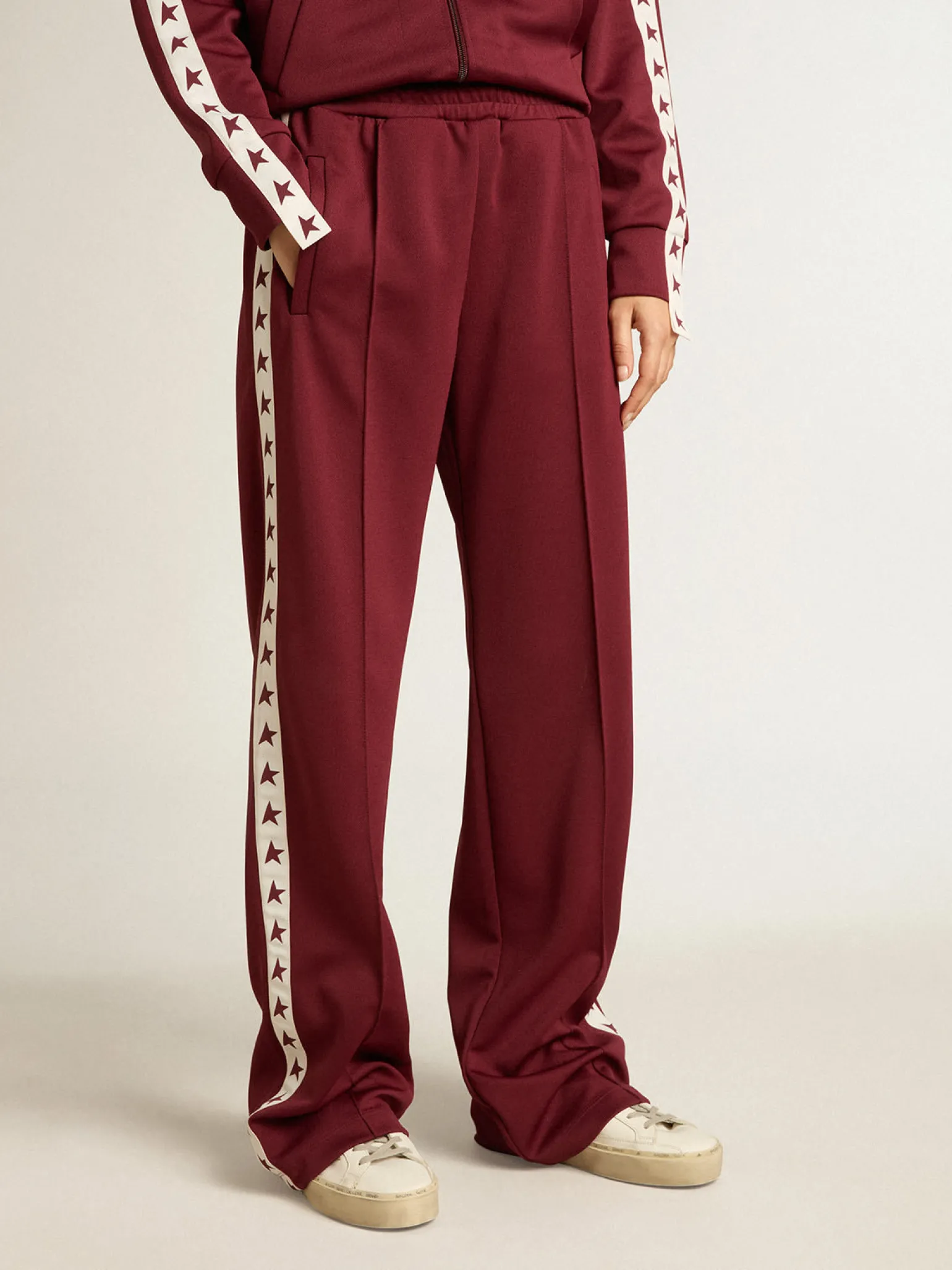 Fashion Calça de jogging feminina bordô com estrelas nas laterais MULHER Jeans e calças