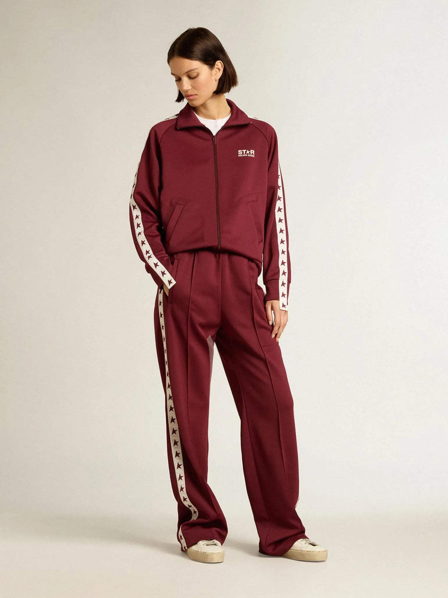 Fashion Calça de jogging feminina bordô com estrelas nas laterais MULHER Jeans e calças