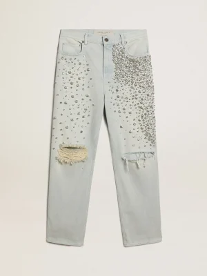 Store Calça jeans feminina desbotada com cristais cabochão MULHER Jeans e calças