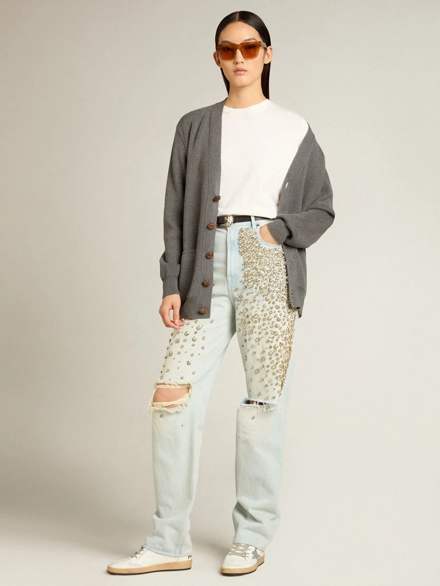 Store Calça jeans feminina desbotada com cristais cabochão MULHER Jeans e calças