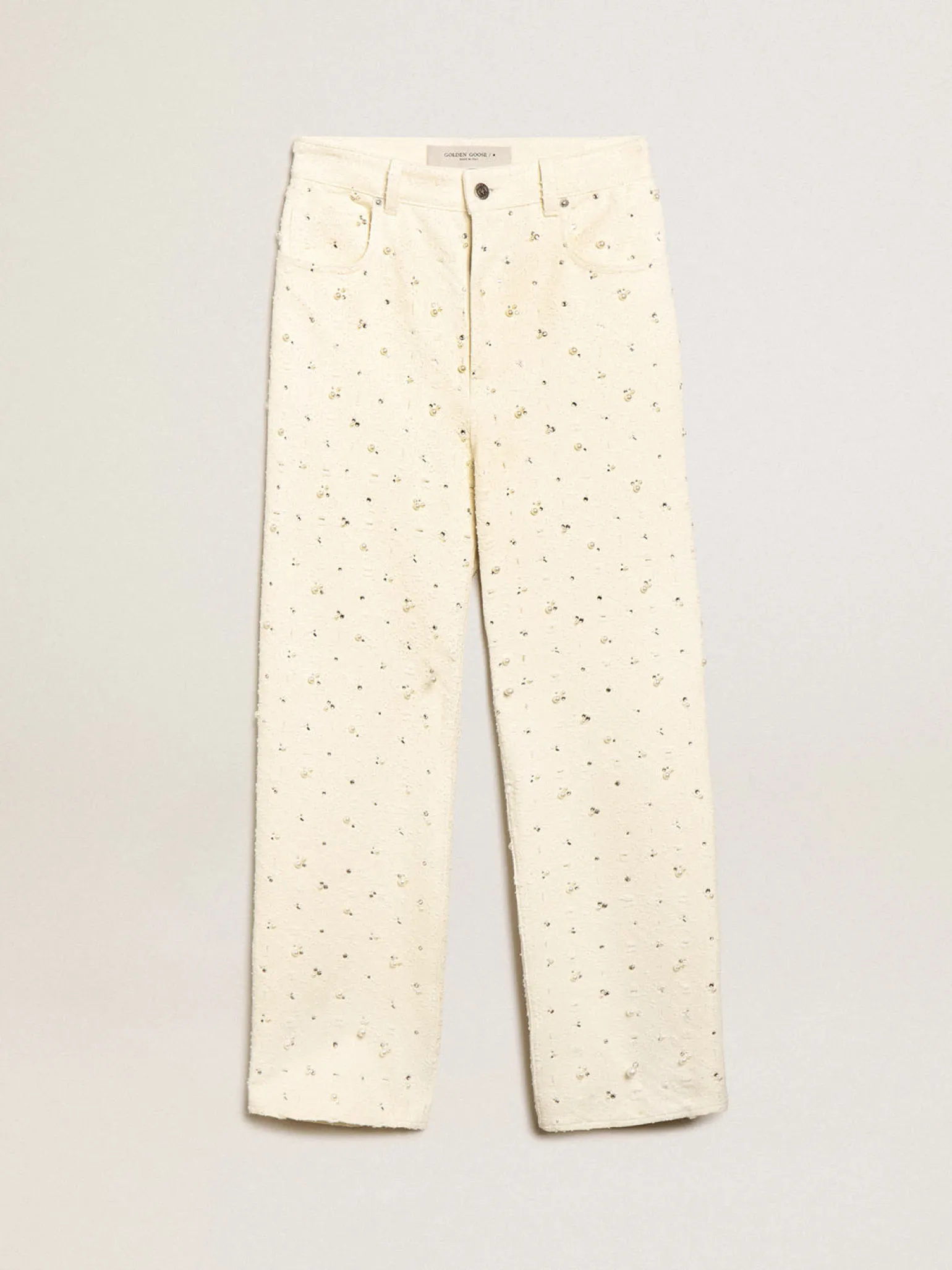 Online Calça jeans Kim Coleção Journey de algodão branco sujo com motivos de losangos e aplicação de pérolas e cristais MULHER Jeans e calças