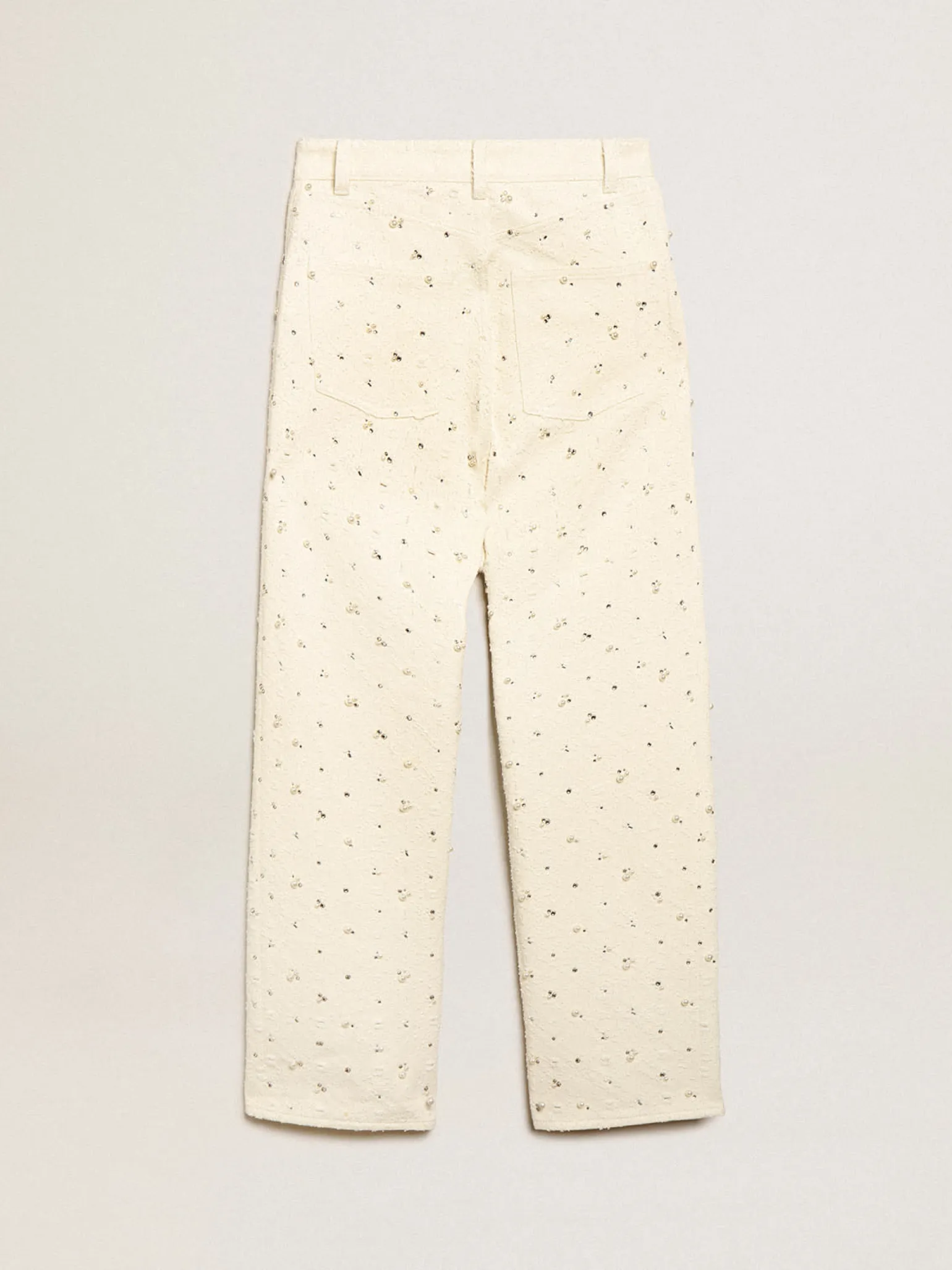 Online Calça jeans Kim Coleção Journey de algodão branco sujo com motivos de losangos e aplicação de pérolas e cristais MULHER Jeans e calças