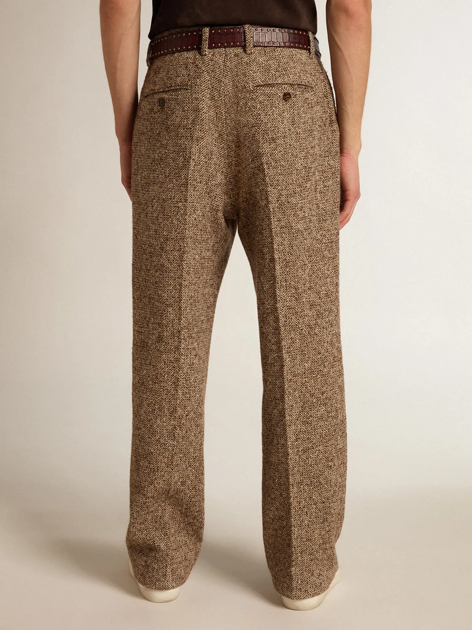New Calça masculina de misto lã e seda bege e marrom Jeans e calças