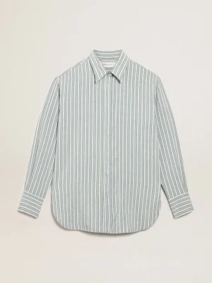 Best Sale Camisa boyfriend feminina com listras cor de água MULHER Camisas