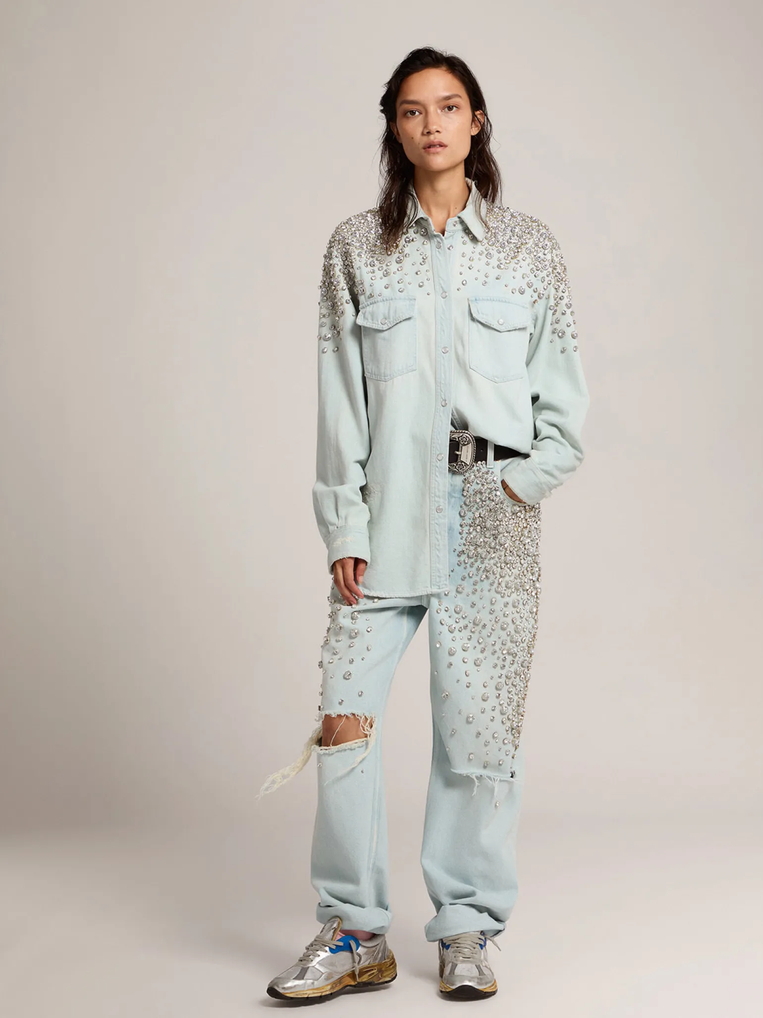 Best Sale Camisa boyfriend feminina desbotada com cristais cabochão MULHER Camisas