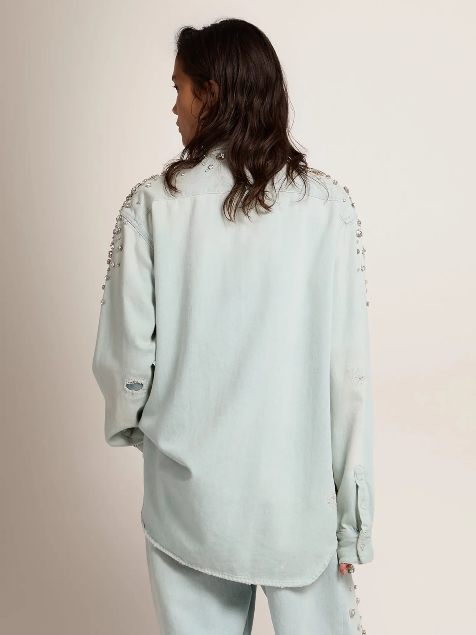 Best Sale Camisa boyfriend feminina desbotada com cristais cabochão MULHER Camisas