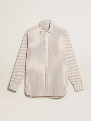 Clearance Camisa branca masculina de algodão com estampa de listras bege Camisas