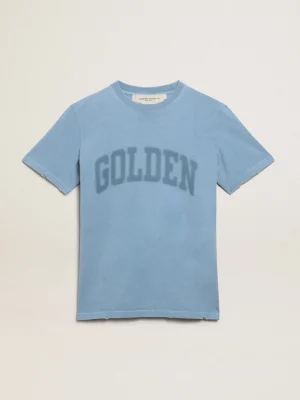 Online Camiseta feminina azul-porto com inscrição Golden tom sobre tom MULHER Camisetas