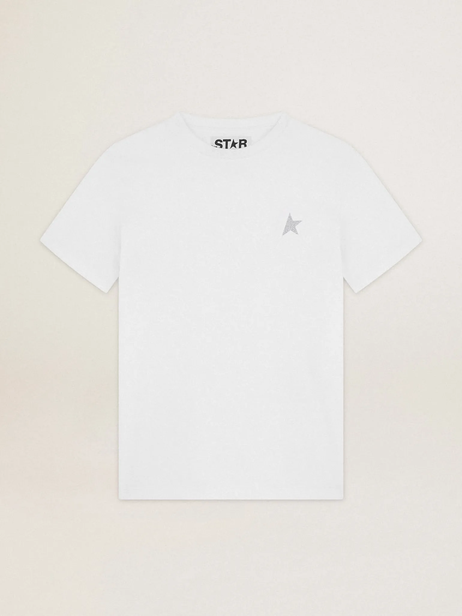 Discount Camiseta feminina branca com estrela de glitter prateado na frente MULHER Camisetas