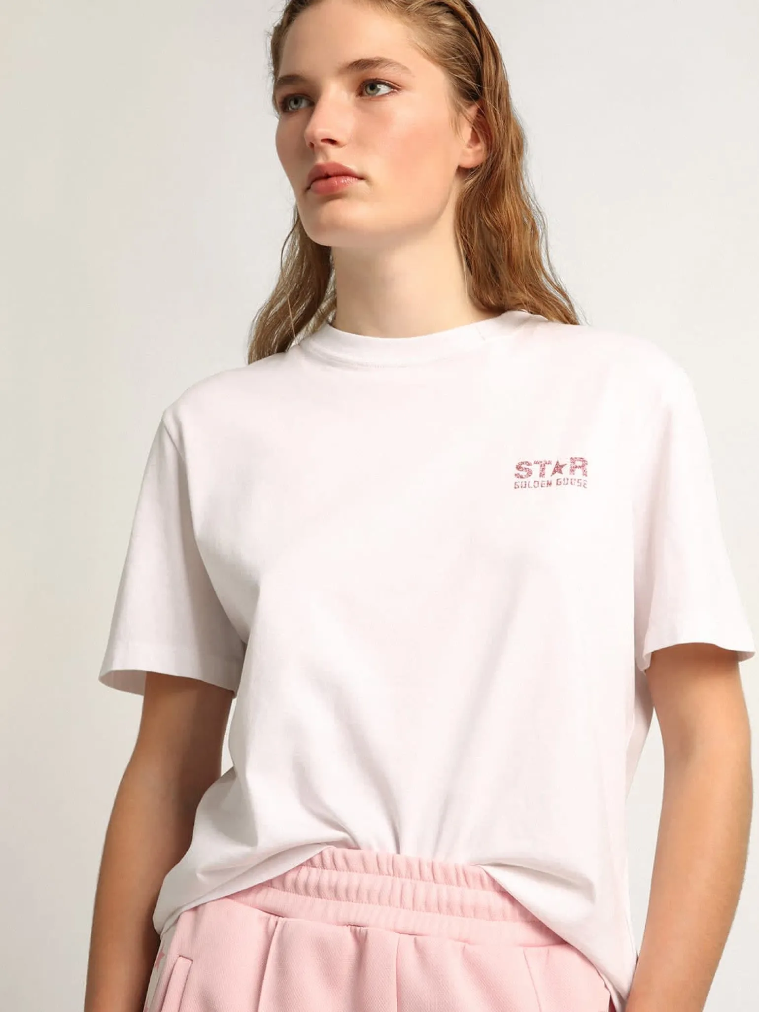 Cheap Camiseta feminina branca com logo e estrela de glitter rosa MULHER Camisetas