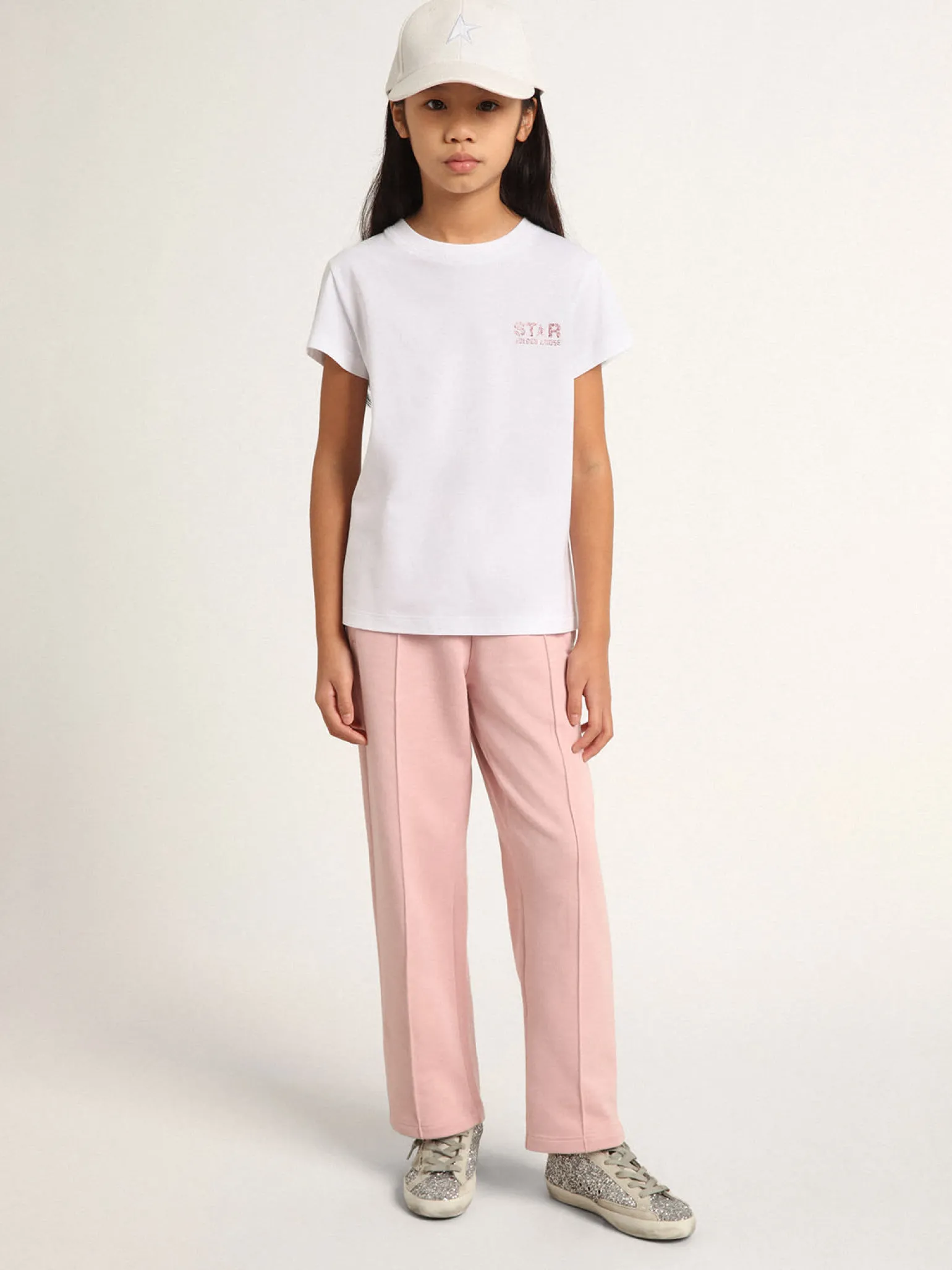 Best Camiseta infantil feminina branca com logo e maxi estrela de glitter rosa Roupas de cima (4-12 years)