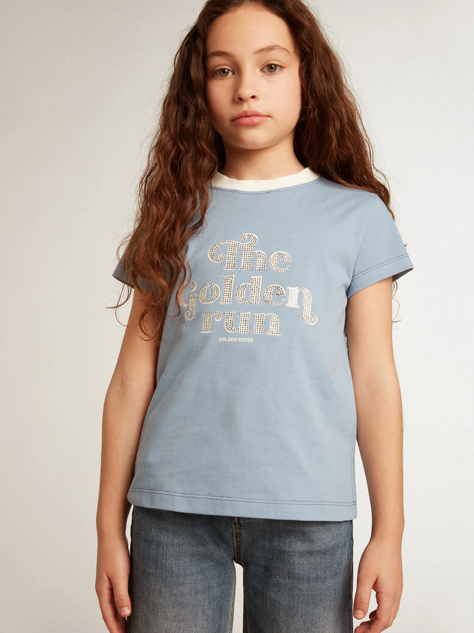 Fashion Camiseta infantil feminina de algodão azul com estampa com cristais Roupas de cima (4-12 years)