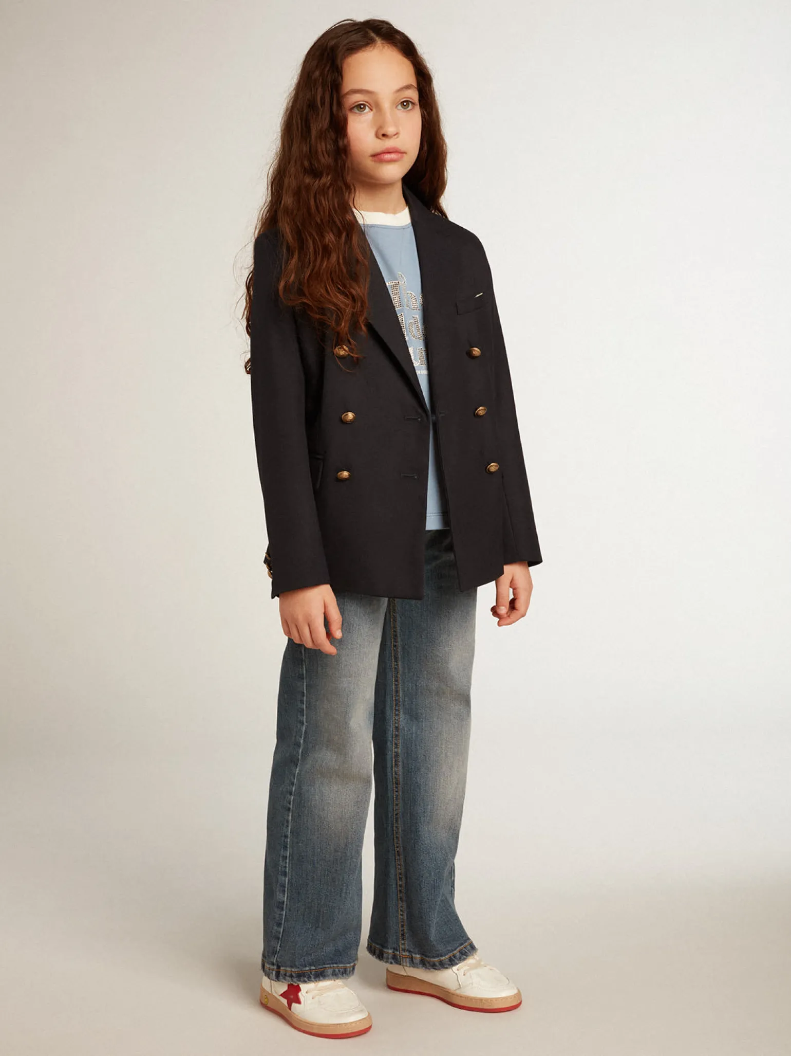 Fashion Camiseta infantil feminina de algodão azul com estampa com cristais Roupas de cima (4-12 years)