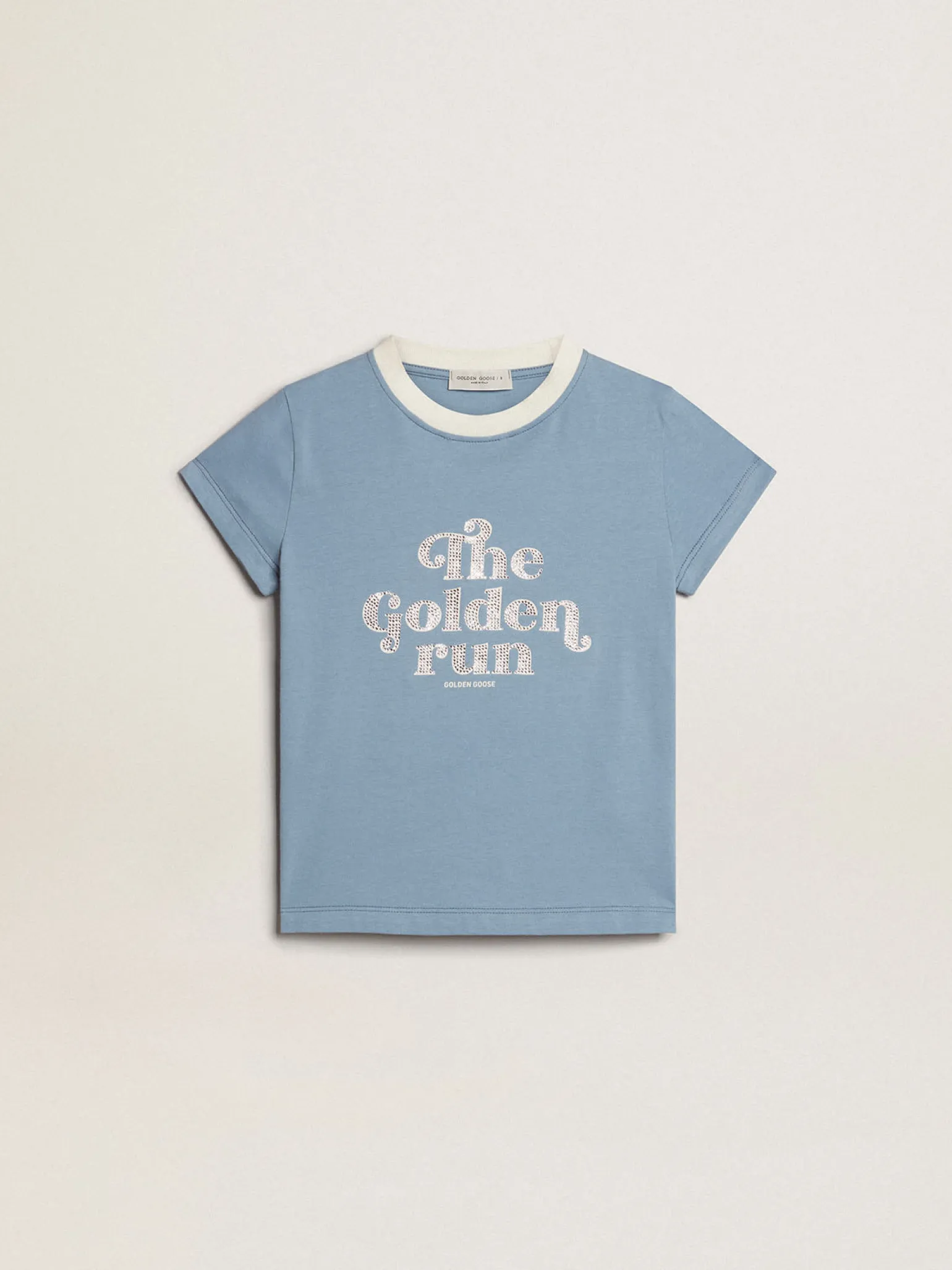 Fashion Camiseta infantil feminina de algodão azul com estampa com cristais Roupas de cima (4-12 years)