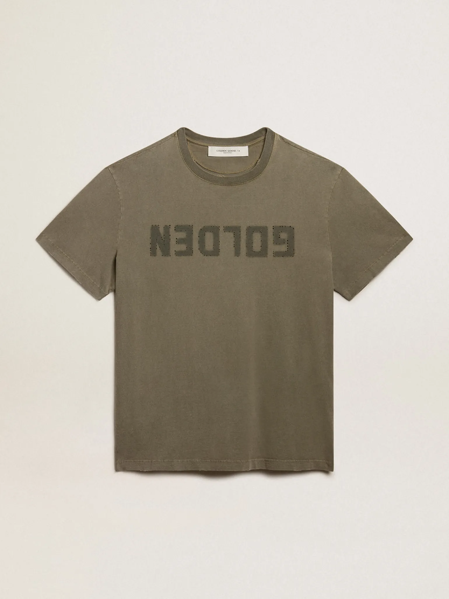 Shop Camiseta verde-oliva de caimento reto com a inscrição Golden na frente MULHER Camisetas