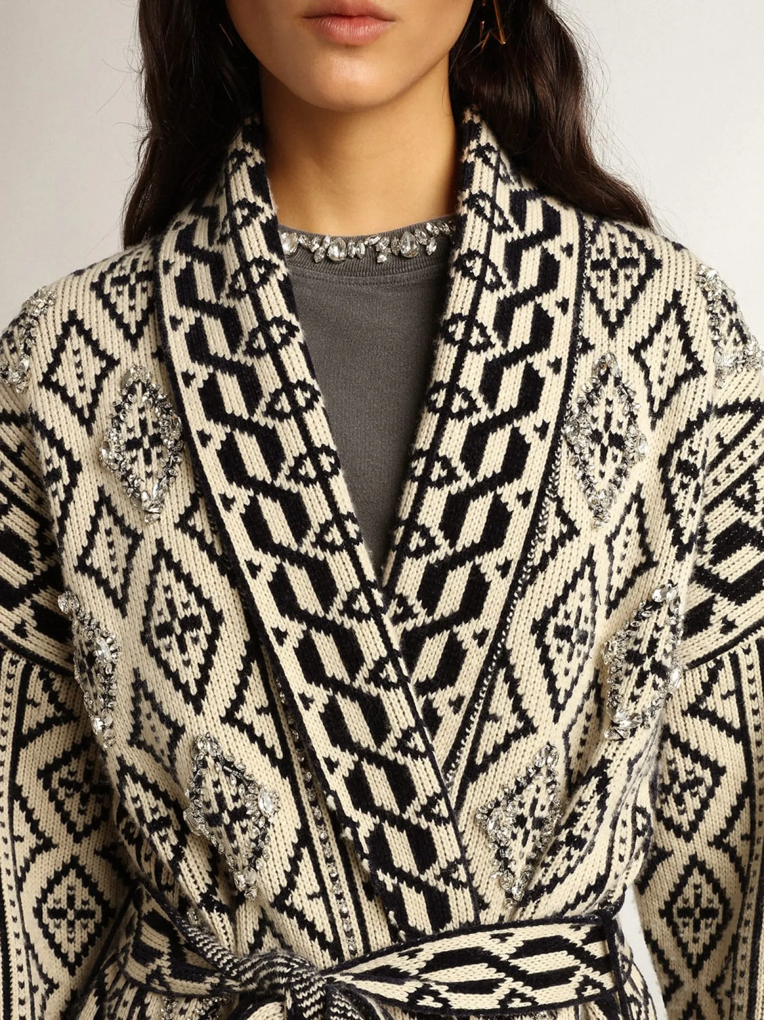 Best Sale Cardigã cor de papiro de lã com motivo jacquard e cristais MULHER Malhas