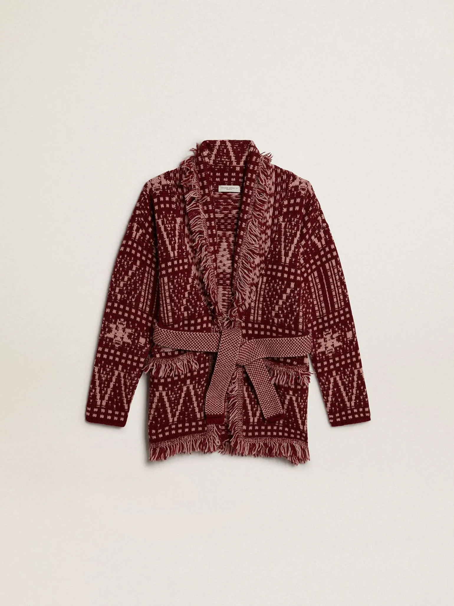 Online Cardigã infantil feminino com cinto e estampa fair isle bordô Roupas de cima (4-12 years)