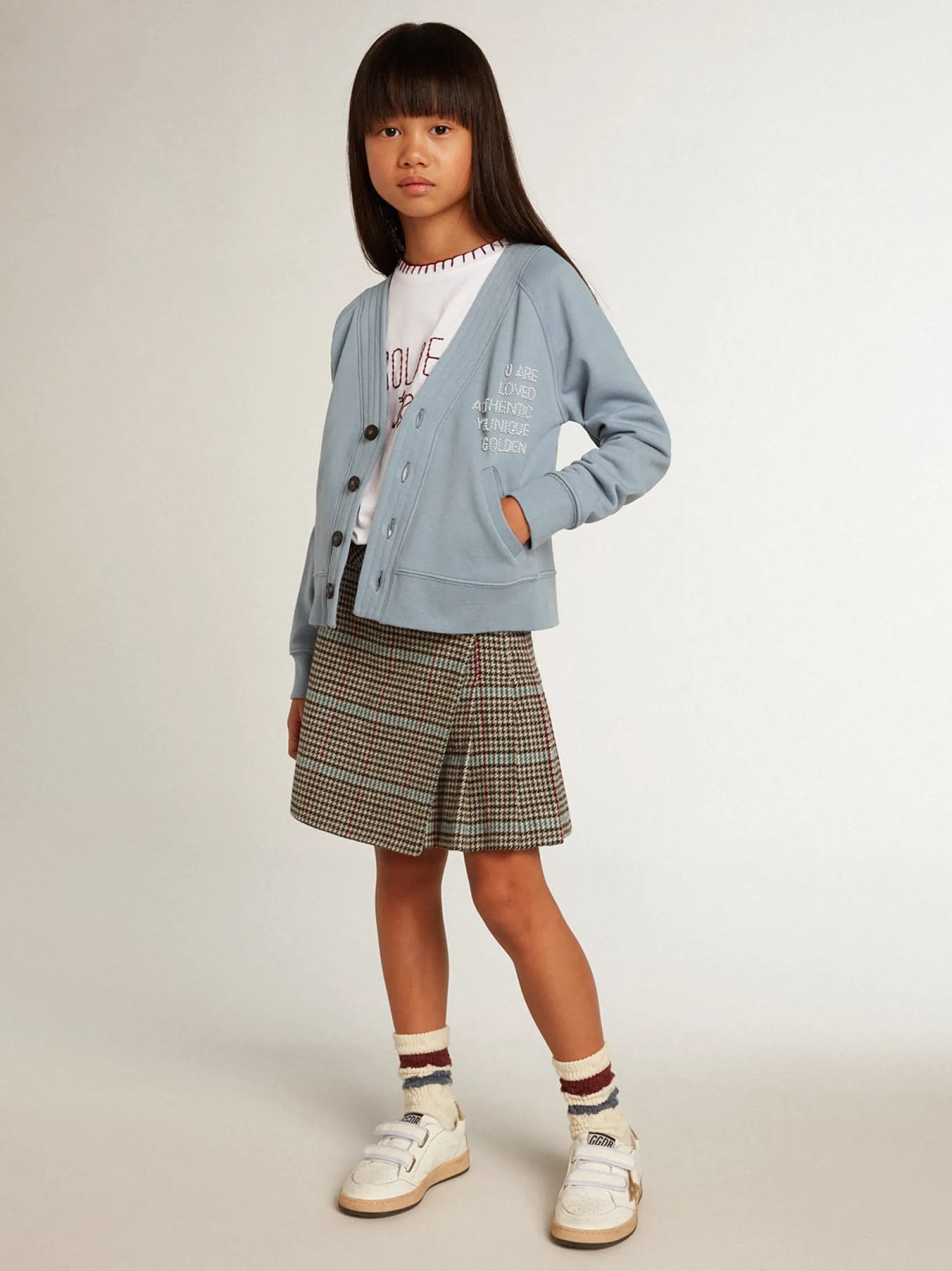 Online Cardigã infantil feminino de algodão azul com escrita de miçangas Roupas de cima (4-12 years)