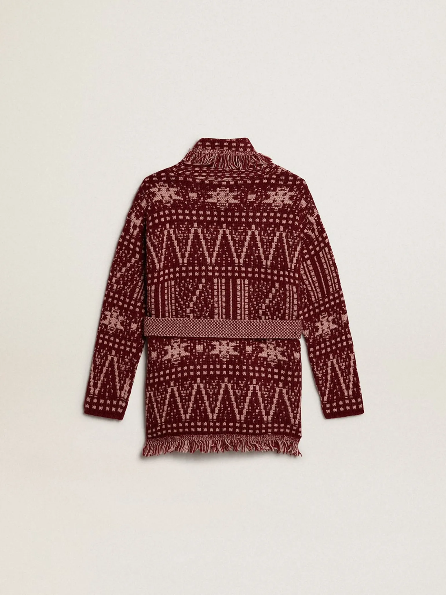 Online Cardigã infantil feminino com cinto e estampa fair isle bordô Roupas de cima (4-12 years)