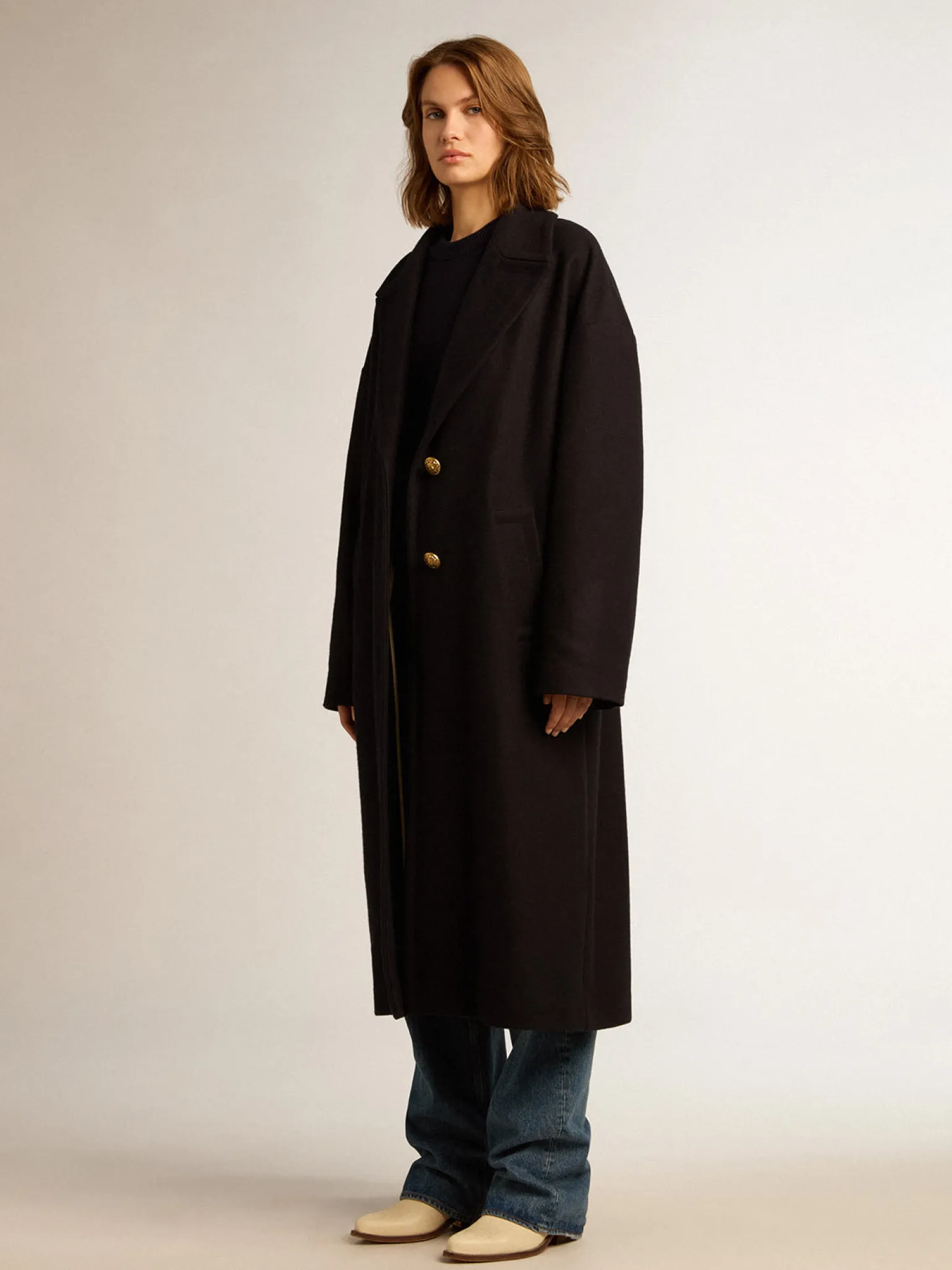 Store Casaco feminino de abotoamento simples tipo cocoon de lã azul-escuro com botões dourados MULHER Casacos e blusões