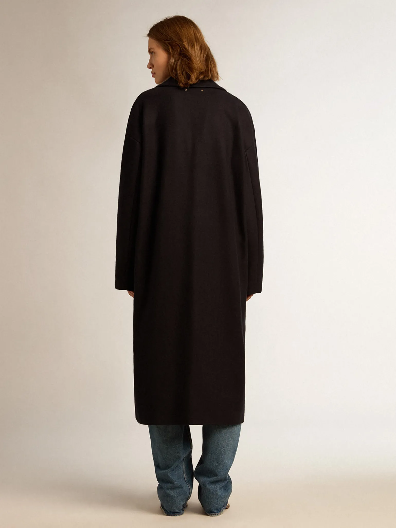 Store Casaco feminino de abotoamento simples tipo cocoon de lã azul-escuro com botões dourados MULHER Casacos e blusões