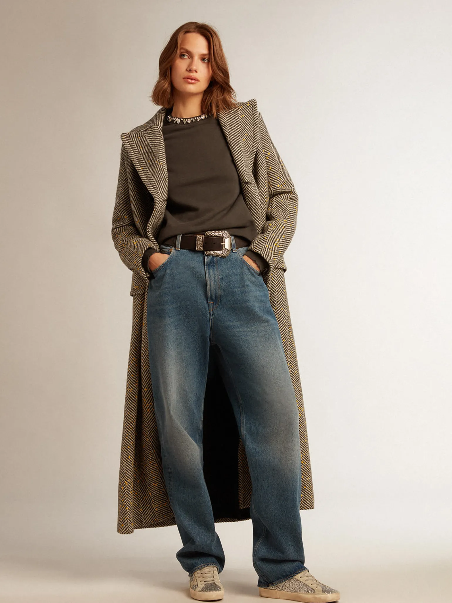 Outlet Casaco longo feminino espinha de peixe com detalhes amarelos MULHER Casacos e blusões