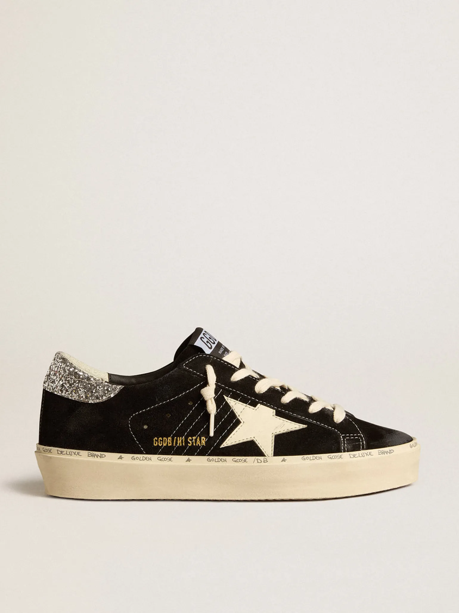 Flash Sale Hi Star Feminino de couro preto com talão de glitter prateado MULHER Hi Star