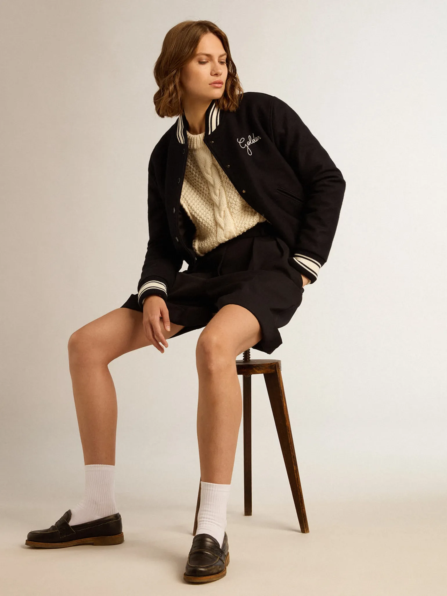 Best Jaqueta bomber feminina de lã azul-escura com detalhes brancos MULHER Casacos e blusões
