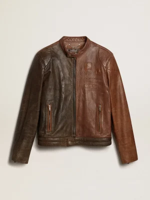 Outlet Jaqueta de napa marrom de inspiração biker Casacos e blusões