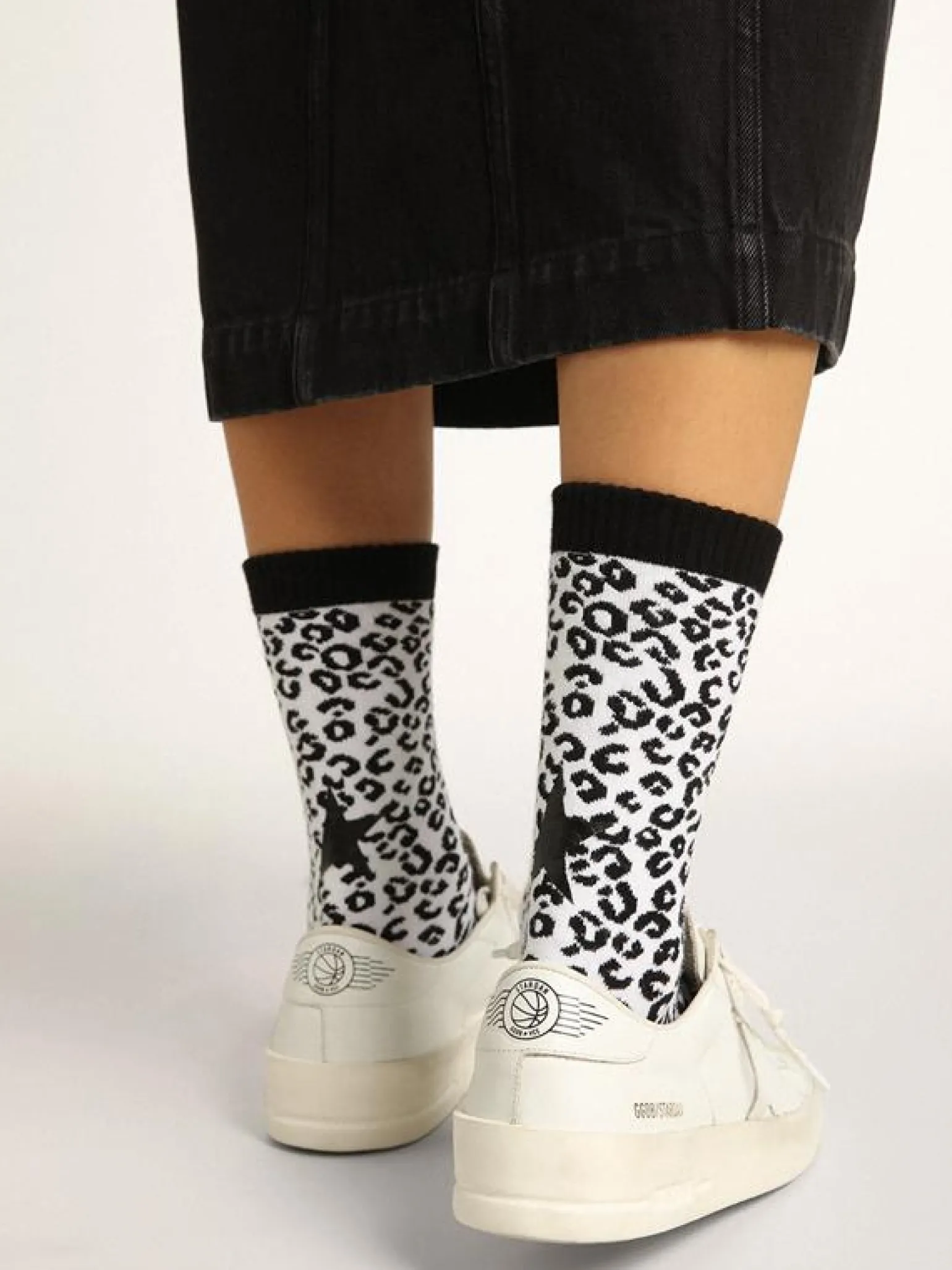 Fashion Meias branco e preto com estampa de leopardo e estrela preta na parte de trás MULHER Meias | Meias