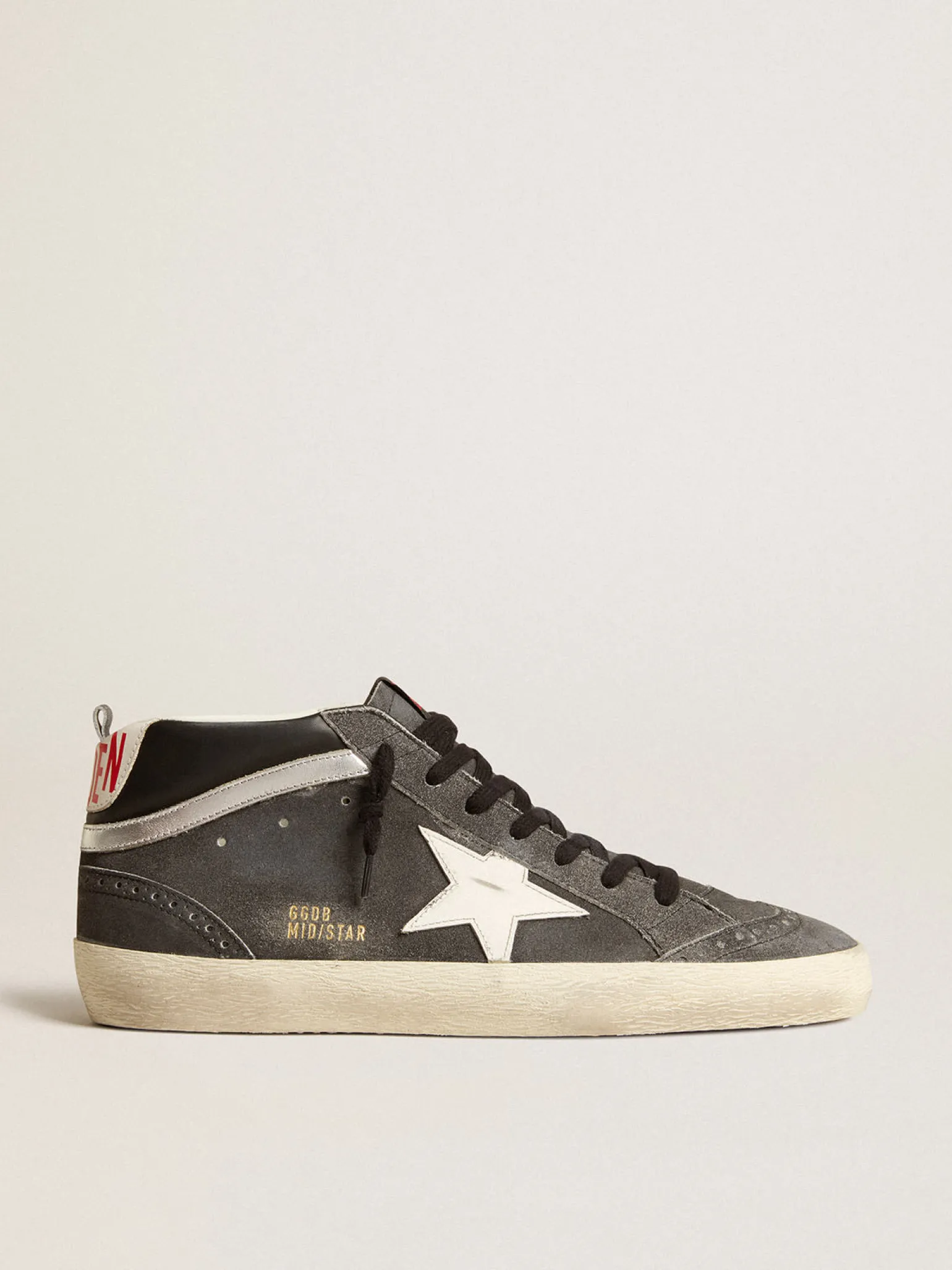 Cheap Mid Star de suede preto com estrela de couro branco e lista prateada Mid Star