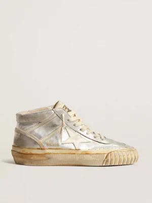Clearance Mid Star Feminino de couro metálico prateado com estrela cor de marfim MULHER Mid Star