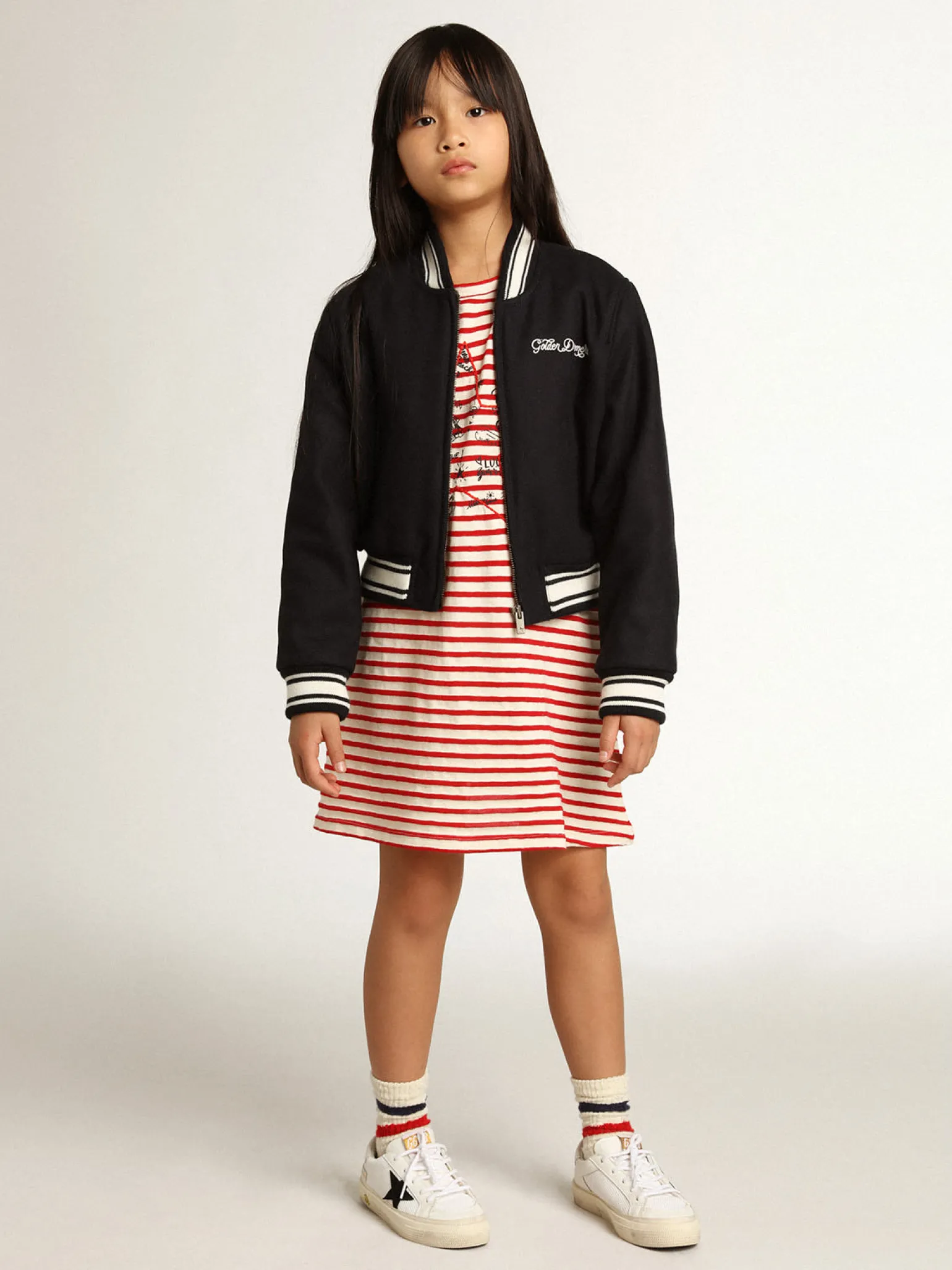 Flash Sale Minivestido com listras brancas e vermelhas e bordado na frente Roupas de cima (4-12 years)