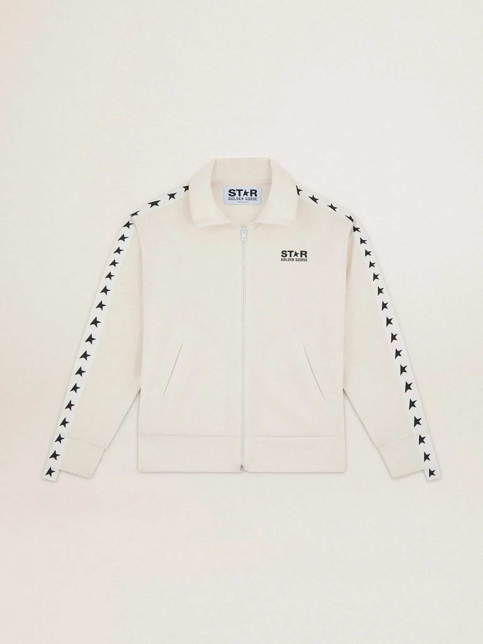Flash Sale Moletom com zíper feminino branco com faixa branca e estrelas pretas MULHER Moletons