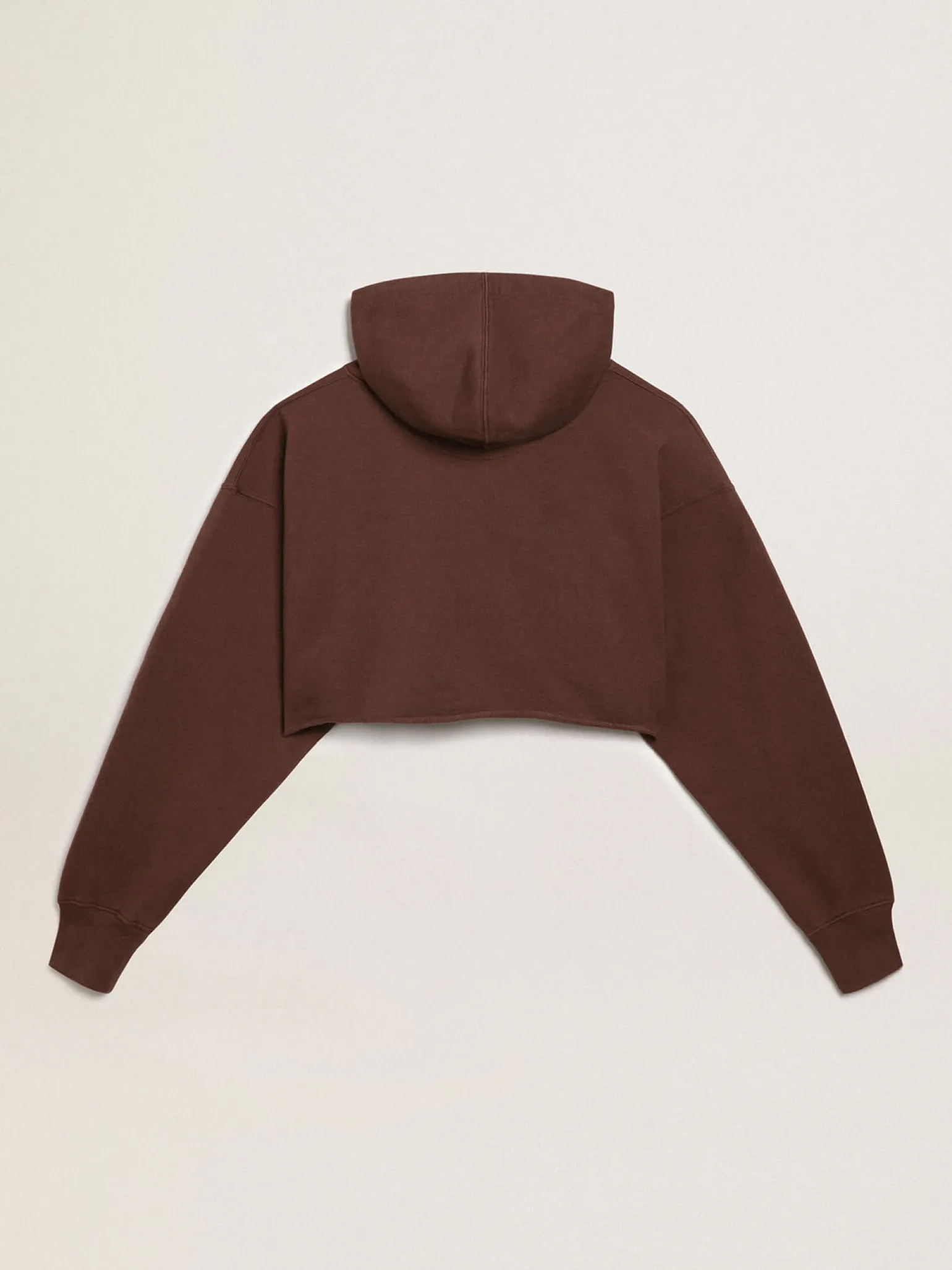 Sale Moletom cropped com capuz Coleção Journey na cor marrom castanha com inscrição Golden branca em contraste MULHER Moletons