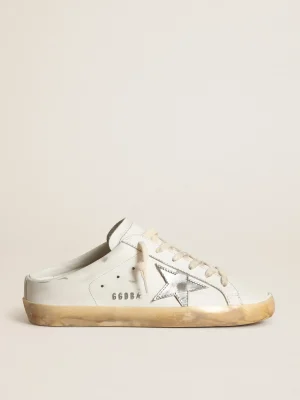 Cheap Mule Super-Star de couro branco com estrela de couro metálico prateado MULHER Super-Star Sabot