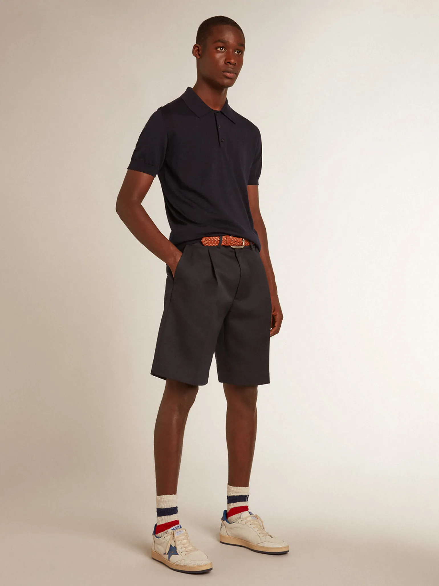Store Polo masculina de manga curta de lã merino azul-marinho Camisetas