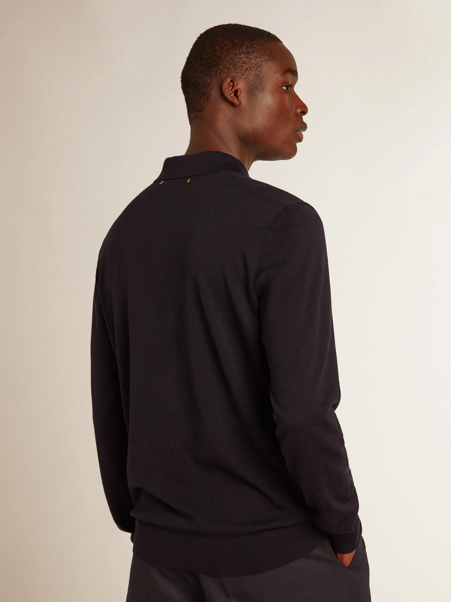 Clearance Polo masculina de manga comprida de lã merino azul-marinho Camisetas