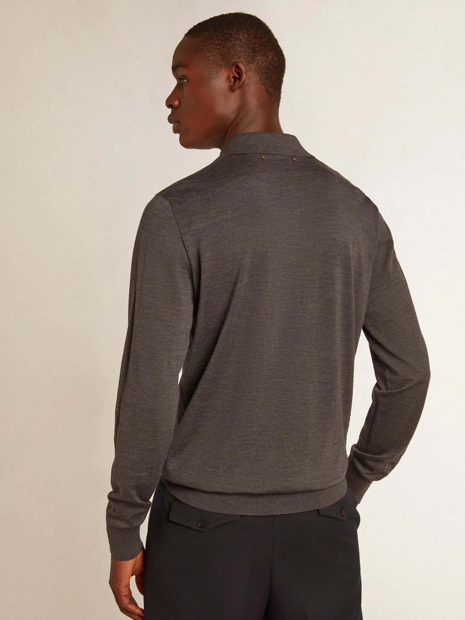 Best Sale Polo masculina de manga comprida de lã merino cinza Camisetas