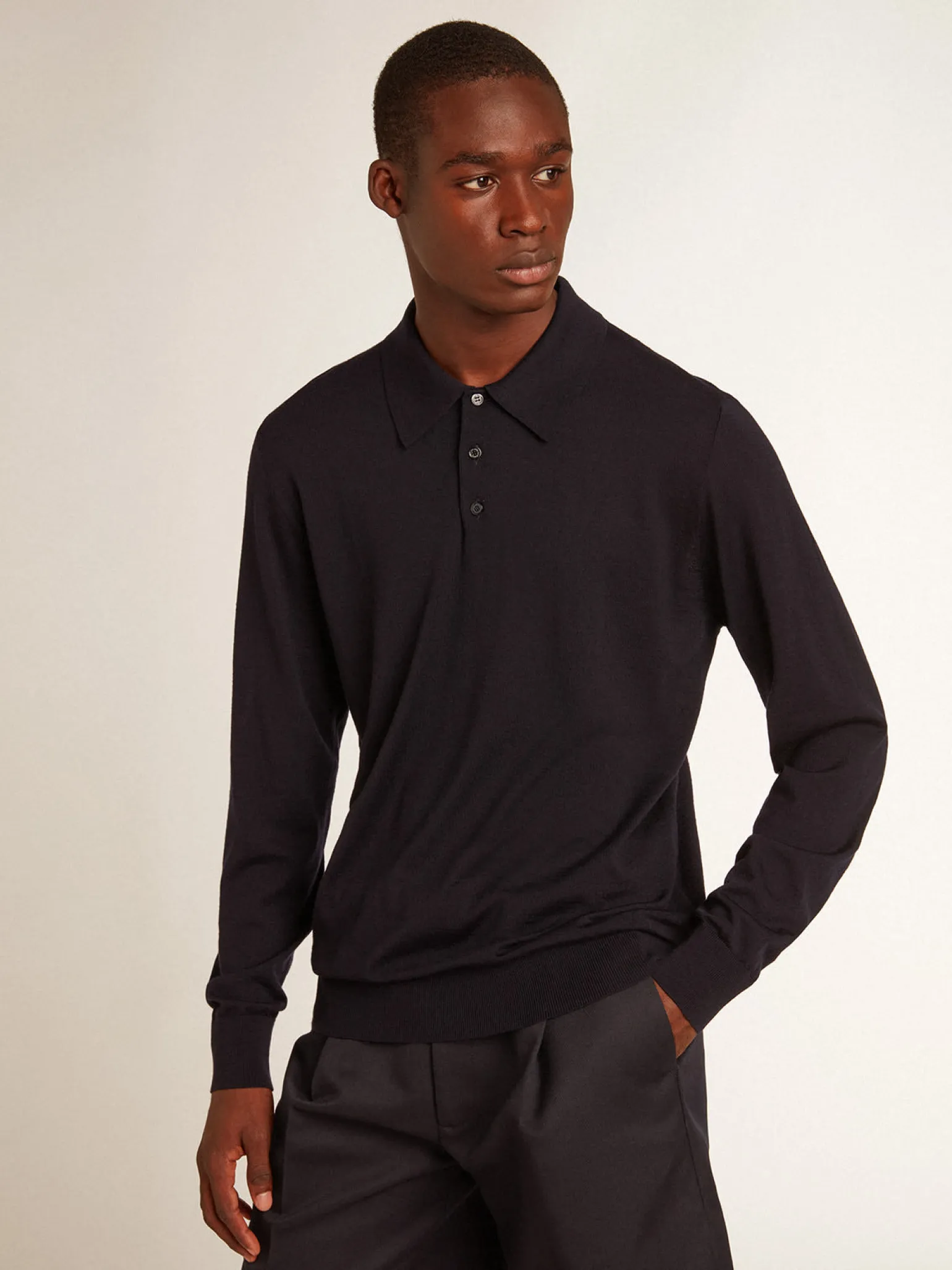 Clearance Polo masculina de manga comprida de lã merino azul-marinho Camisetas
